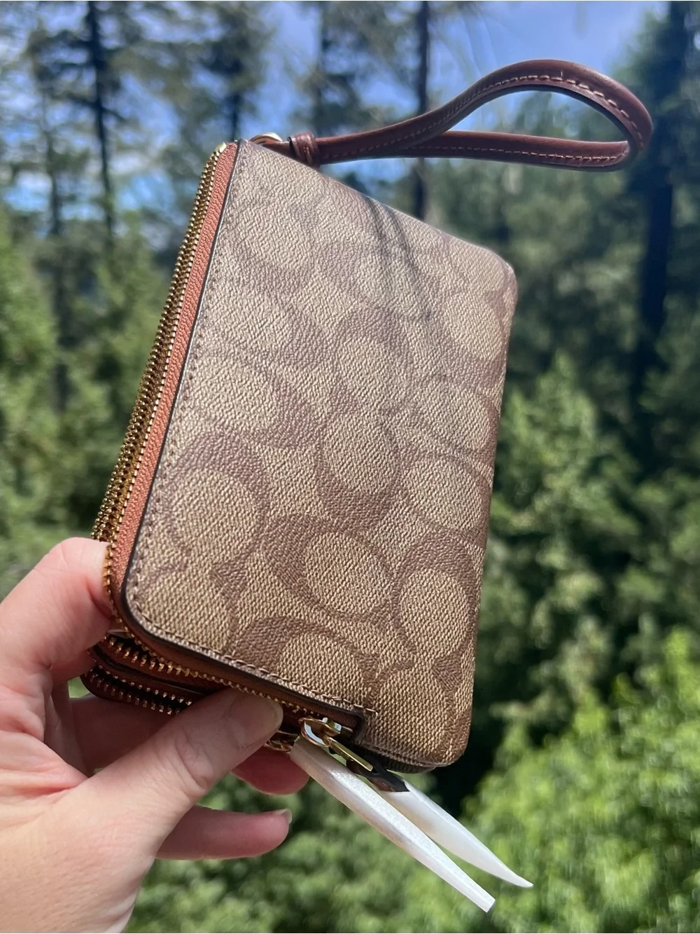 COACH Double Zip Corner Wallet Wristlet in Khaki/Redwood (small) NWT